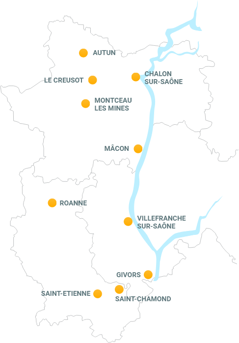 Implantation du Groupe Thivolle à Villefranche sur Saône, Châlon sur Saône, Le Creusot, Mâçon, Autun, Andrézieux Bouthéon, Saint-Etienne, Firminy, Montceau les Mines