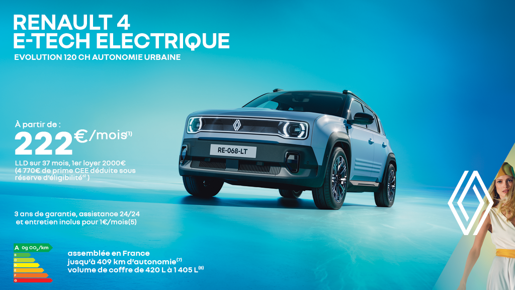 Renault 4 E-Tech 100% électrique dès 222€/mois 