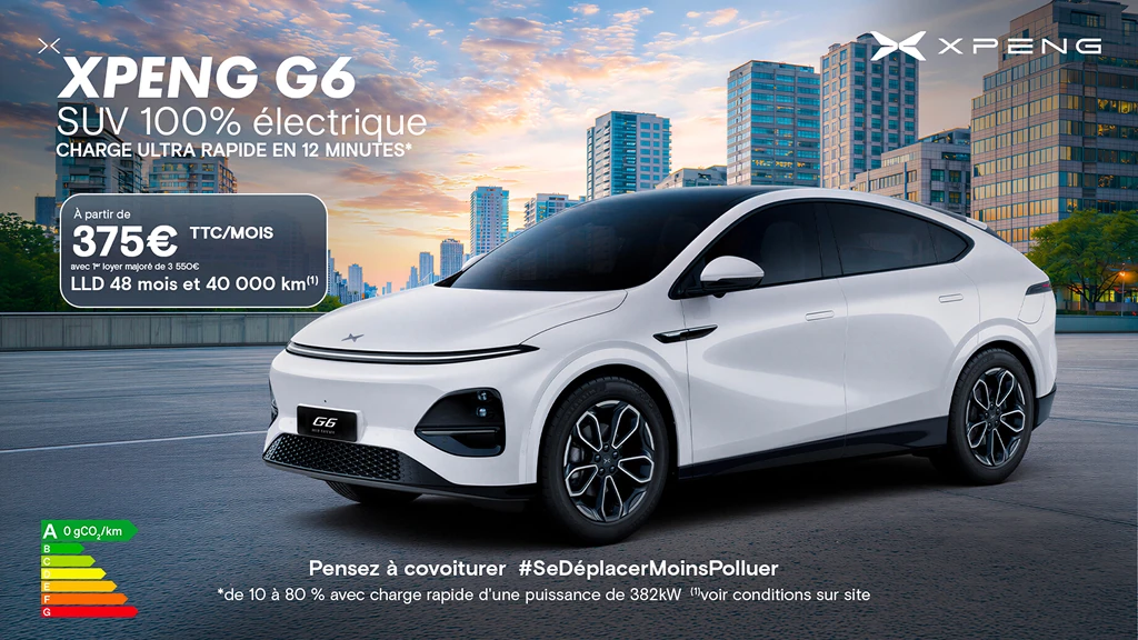 Nouveau XPENG G6 Autonomie Standard – LLD 48 mois à 375 €/mois